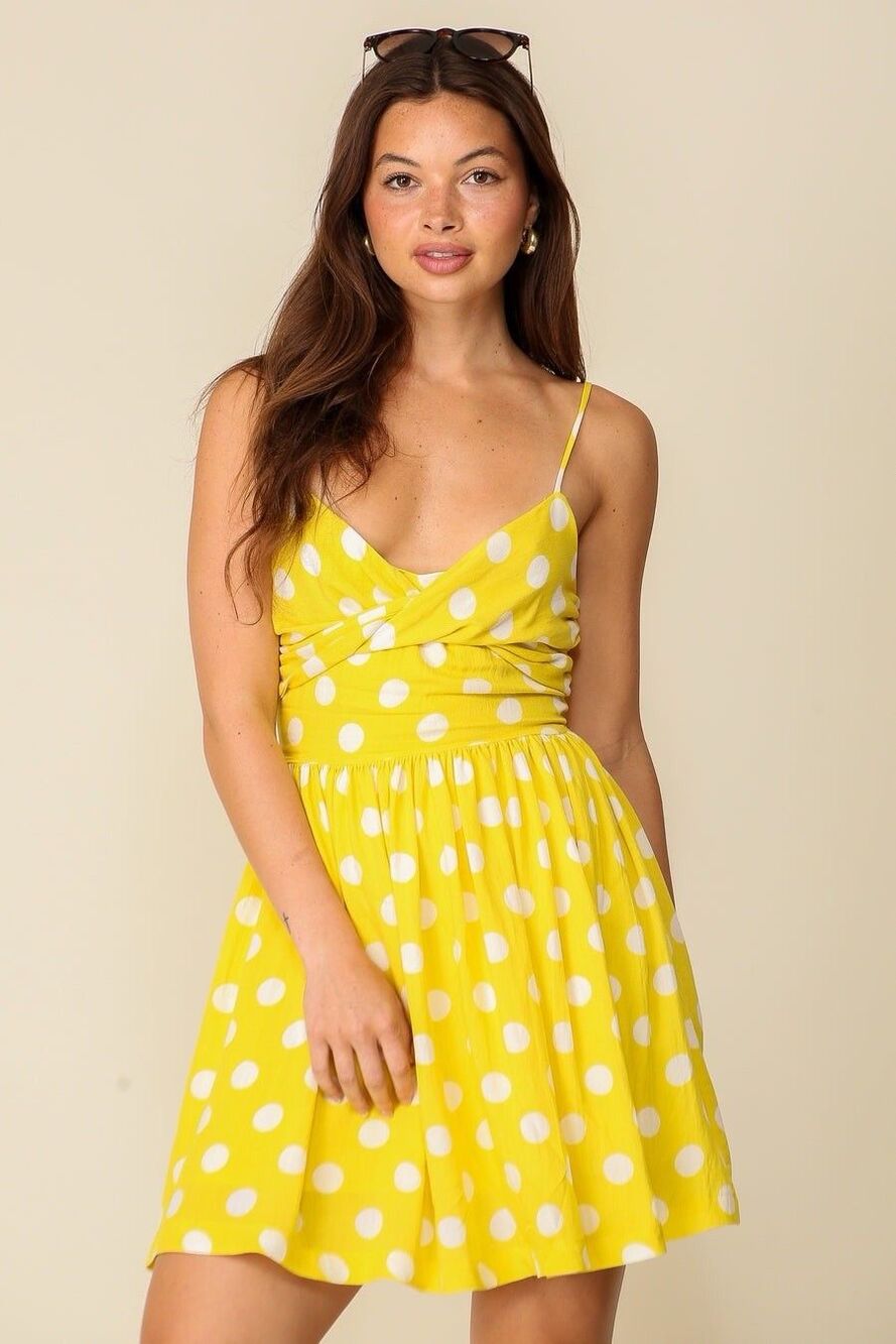 NWT Lumiere Sunshine Polka Dot Mini Dress Yellow/White - Size Large
